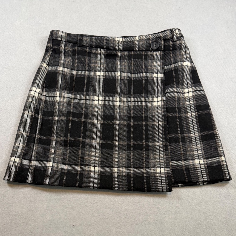 Catherine Malandrino Plaid Mini Skirt XS Black Grey White Faux Wrap Academic